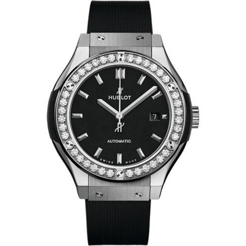 Hublot Classic Fusion Titanium Diamonds Watch – 33 mm – Black Dial – Black Rubber and Leather Strap-582.NX.1170.RX.1204