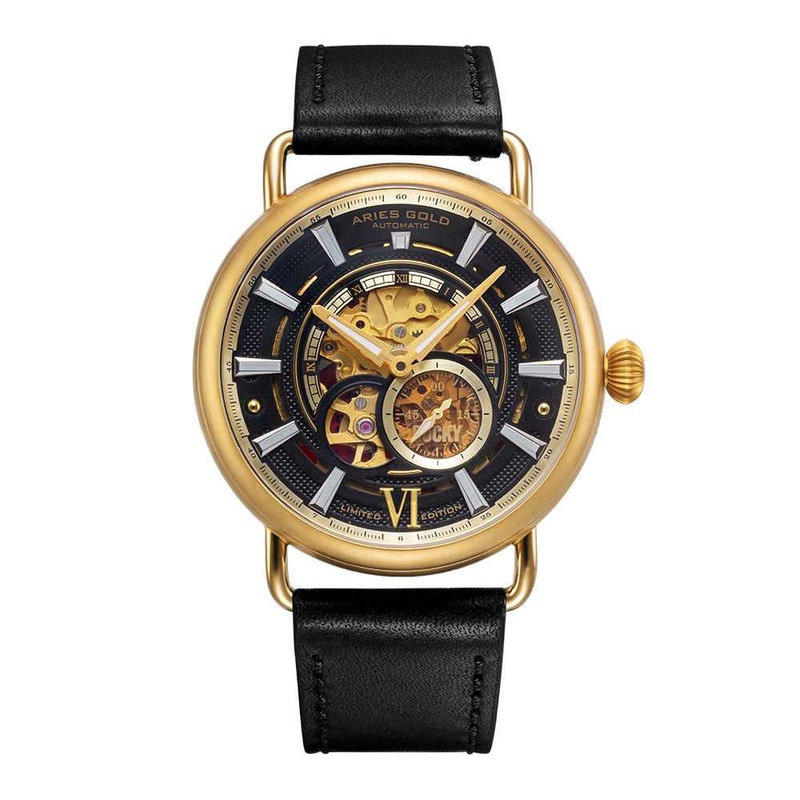 ARIES GOLD AUTOMATIC ROCKY LIMITED EDITION GOLD STAINLESS STEEL INVINCIBLE G 9013 G-BK LEATHER STRAP MEN’S WATCH