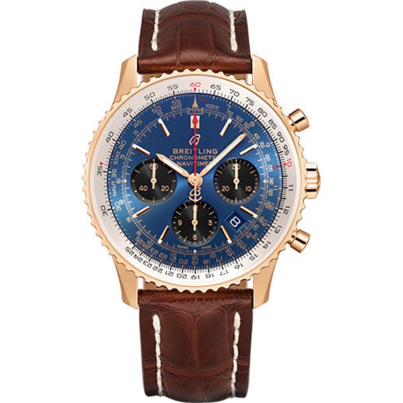 Breitling Navitimer B01 Chronograph 43 Watch – 18k Red Gold – Blue Dial – Brown Croco Strap – Folding Buckle – RB0121211C1P4