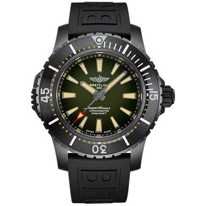 Breitling Superocean Automatic 48 Watch – DLC-Coated Titanium – Green Dial – Black Rubber Strap – Tang Buckle – V17369241L1S1
