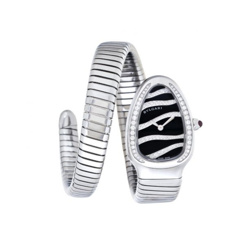 Serpenti Tubogas Quartz Black Dial Steel Diamond Ladies Watch
