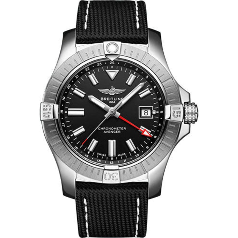 Breitling Avenger Automatic GMT 43 Watch – Stainless Steel – Black Dial – Anthracite Calfskin Leather Strap – Tang Buckle – A32397101B1X1