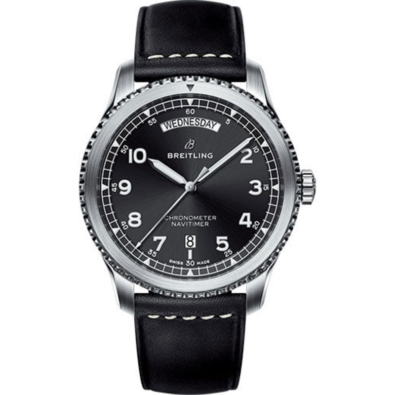 Breitling Aviator 8 Automatic Day & Date 41 Watch – Steel Case – Black Dial – Black Leather Strap – A45330101B1X1