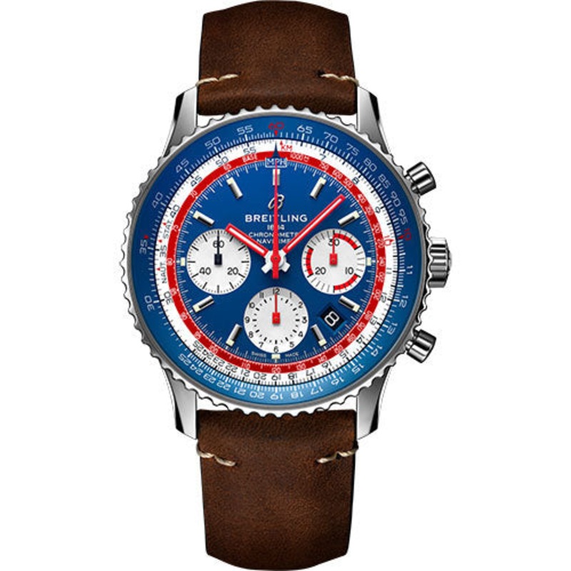 Breitling Navitimer B01 Chronograph 43 Pan Am Watch – Steel – Blue Dial – Brown Nubuck Strap – Tang Buckle – AB01212B1C1X1