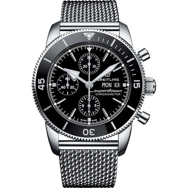 Breitling Superocean Heritage II Chronograph 44 Watch – Steel Case – Black Dial – Steel Aero Classic Bracelet – A13313121B1A1