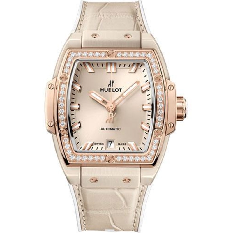Hublot Spirit of Big Bang Beige Ceramic King Gold Diamonds Watch – 39 mm – Beige Dial – White Rubber and Beige Alligator Strap-665.CZ.898B.LR.1204