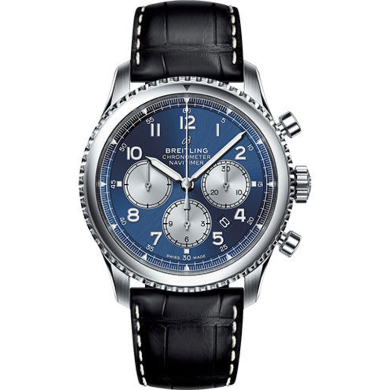 Breitling Aviator 8 B01 Chronograph 43 Watch – Steel Case – Blue Dial – Black Croco Strap – AB0117131C1P1