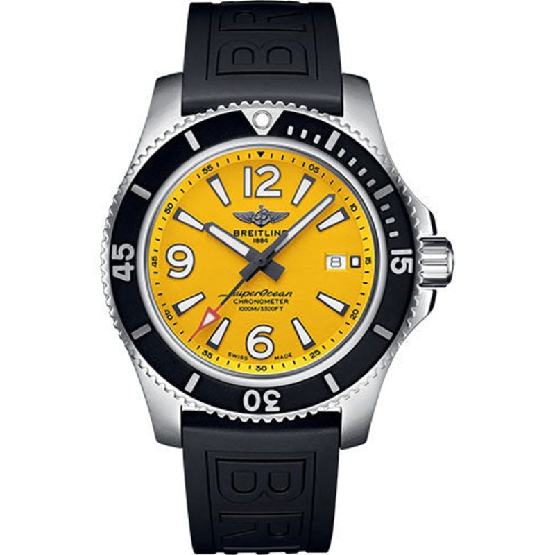 Breitling Superocean Automatic 44 Watch – Stainless Steel – Yellow Dial – Black Rubber Strap – Folding Buckle – A17367021I1S2