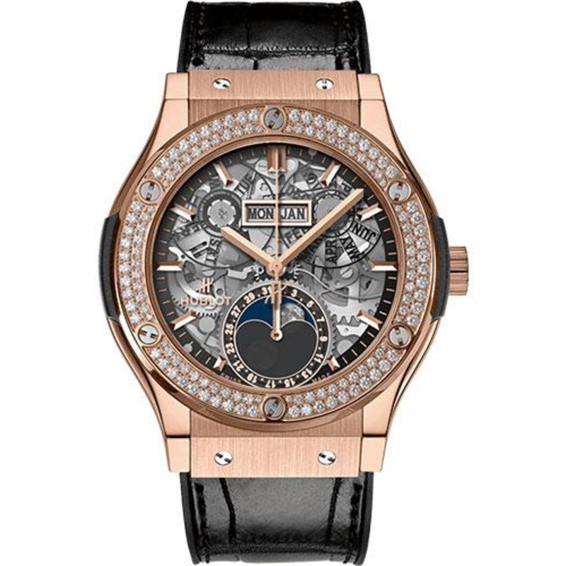 Hublot Classic Fusion Aerofusion Moonphase King Gold Diamonds Watch – 42 mm – Sapphire Dial – Black Rubber and Leather Strap-547.OX.0180.LR.1104