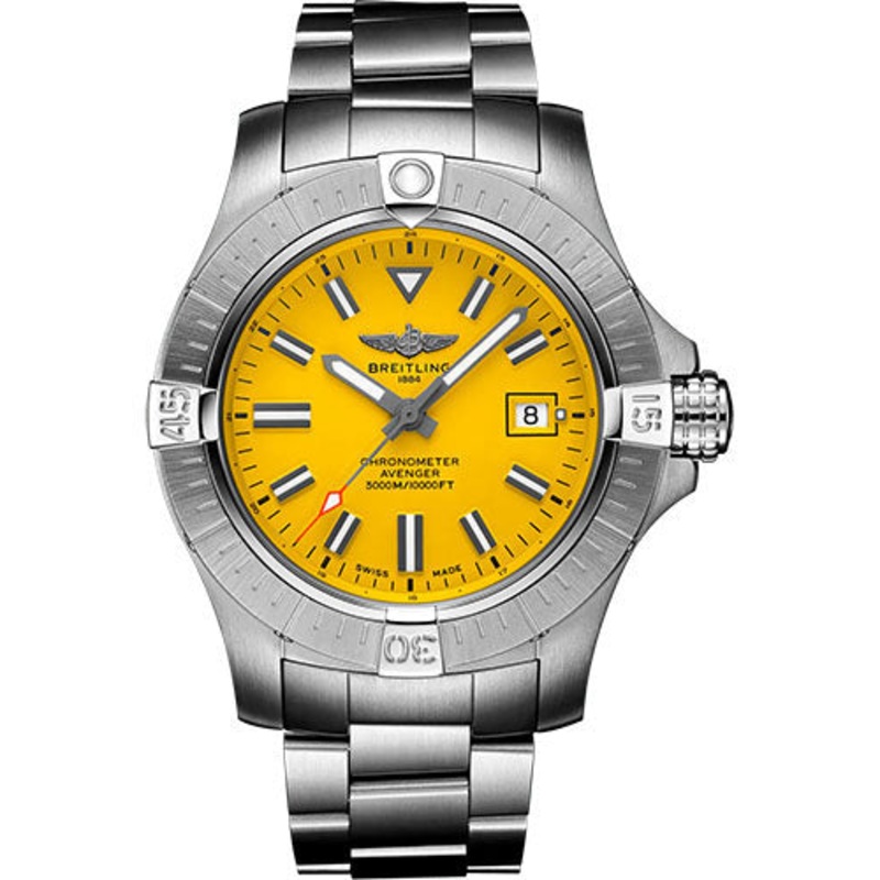 Breitling Avenger Automatic 45 Seawolf Watch – Stainless Steel – Yellow Dial – Metal Bracelet – A17319101I1A1