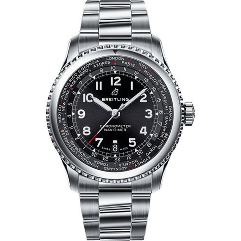 Breitling Aviator 8 B35 Automatic Unitime 43 Watch – Steel Case – Black Dial – Steel Professional III Bracelet – AB3521U41B1A1