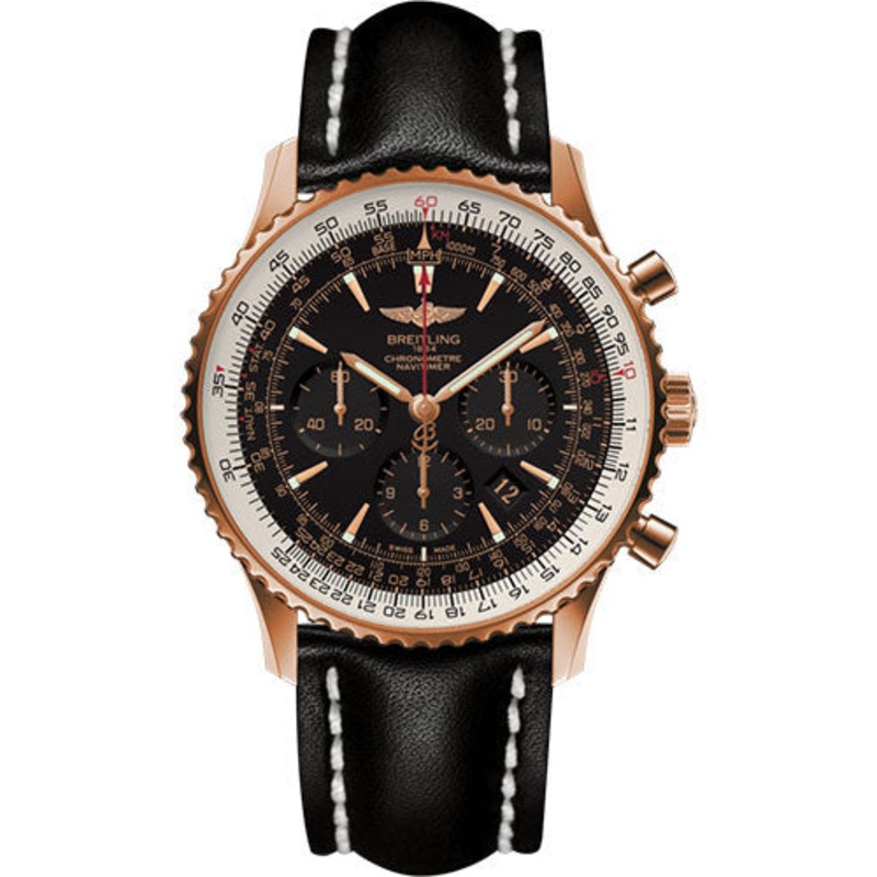 Breitling Navitimer 01 (46 mm) Watch – Red Gold – Black/Gold Dial – Black Leather Strap – Tang Buckle Limited Edition – RB0127E6/BF16/441X/R20BA.1