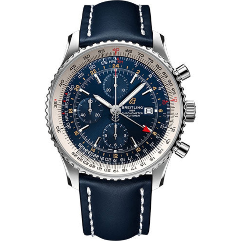 Breitling Navitimer Chronograph GMT 46 Watch – Steel – Blue Dial – Blue Leather Strap – Tang Buckle – A24322121C2X1