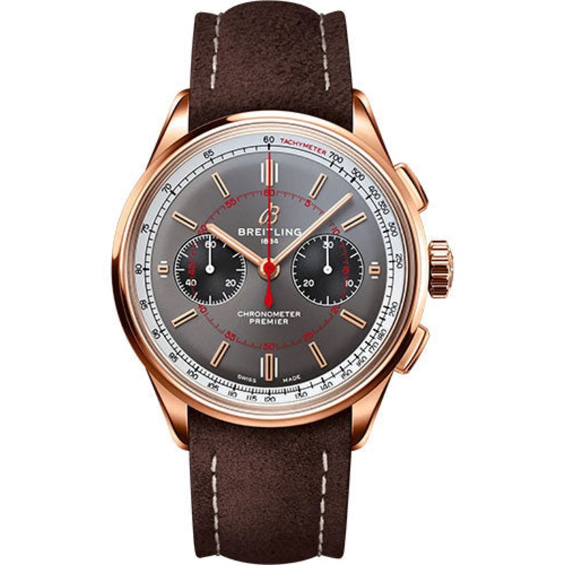 Breitling Premier B01 Chronograph 42 Wheels and Waves Limited Edition Watch – 18K Red Gold – Anthracite Dial – Brown Calfskin Leather Strap – Tang Buckle Limited Edition of 100 – RB0118A31B1X1