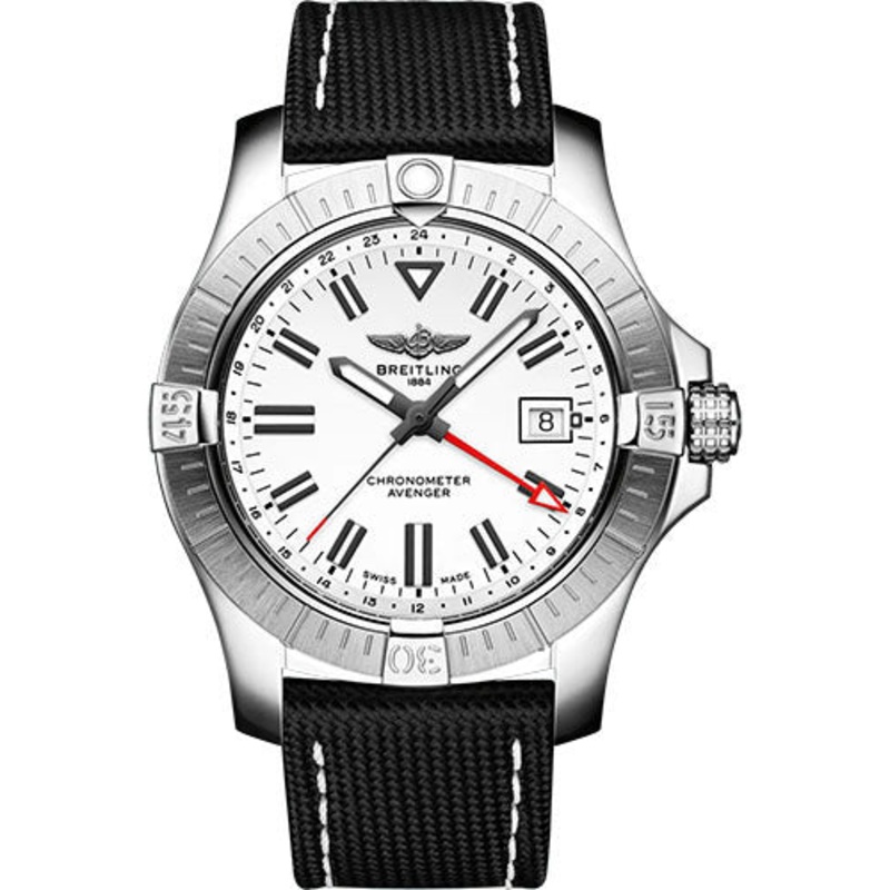 Breitling Avenger Automatic GMT 43 Watch – Stainless Steel – White Dial – Anthracite Calfskin Leather Strap – Tang Buckle – A32397101A1X1