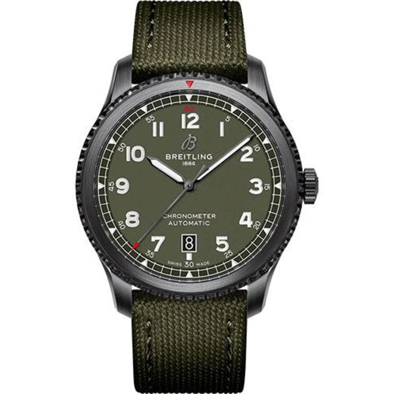 Breitling Aviator 8 Automatic 41 Black Steel Curtiss Warhawk Watch – DLC-Coated Stainless Steel – Green Dial – Khaki Green Calfskin Leather Strap – Folding Buckle – M173152A1L1X2