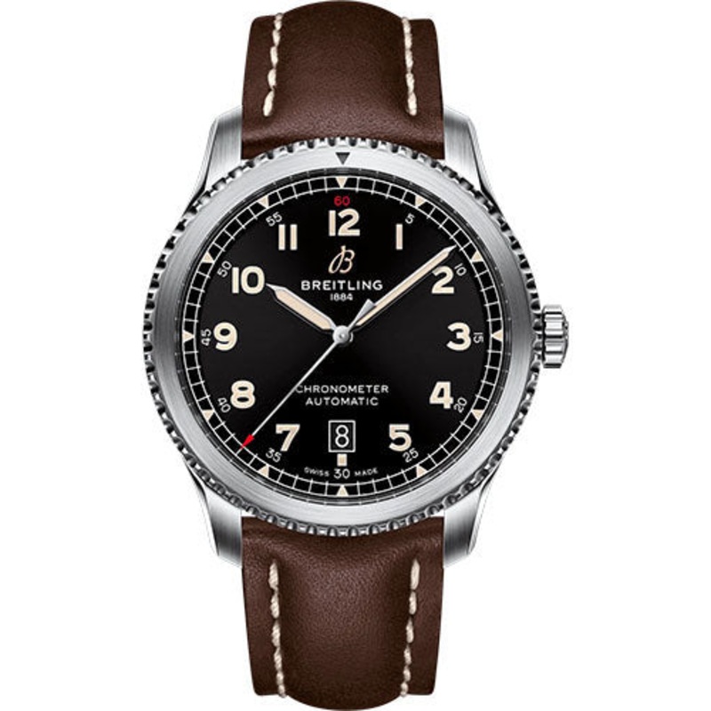 Breitling Aviator 8 Automatic 41 Watch – Stainless Steel – Black Dial – Brown Calfskin Leather Strap – Folding Buckle – A17315101B1X4