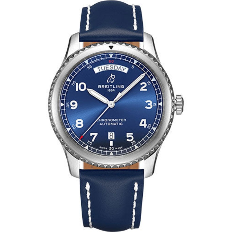 Breitling Aviator 8 Automatic Day & Date 41 Watch – Steel – Blue Dial – Blue Leather Strap – Tang Buckle – A45330101C1X3