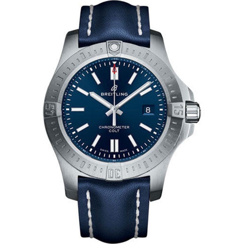 Breitling Chronomat Colt Automatic 44 Watch – Steel Case – Mariner Blue Dial – Blue Leather Strap – A17388101C1X1