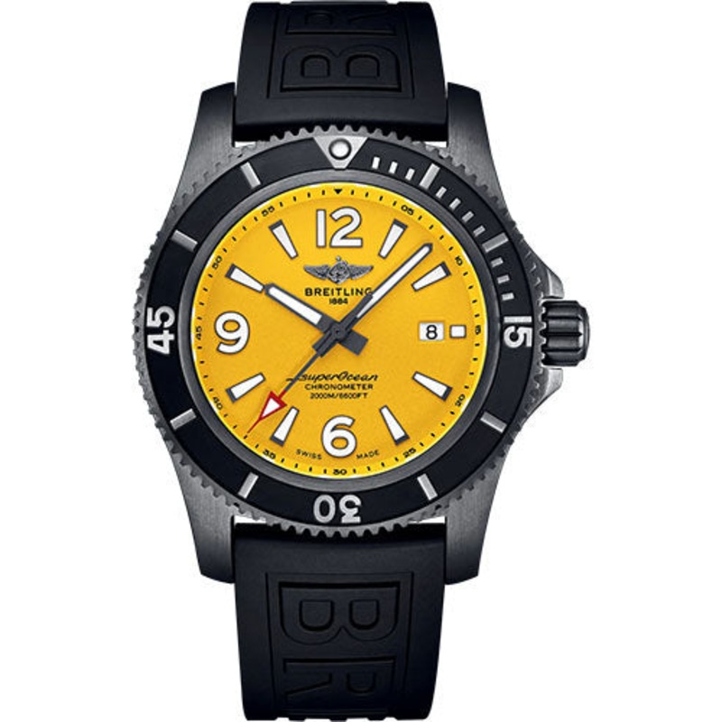 Breitling Superocean Automatic 46 Black Steel Watch – DLC-Coated Stainless Steel – Yellow Dial – Black Rubber Strap – Folding Buckle – M17368D71I1S2