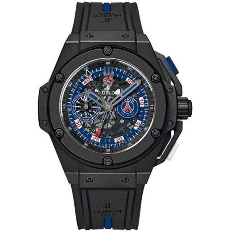 Hublot King Power Paris Saint-Germain Watch – 48 mm Black Ceramic Case – Blue PSG Logo Dial – Black and Blue Rubber Strap Limited Edition of 200-716.CI.0123.RX.PSG14