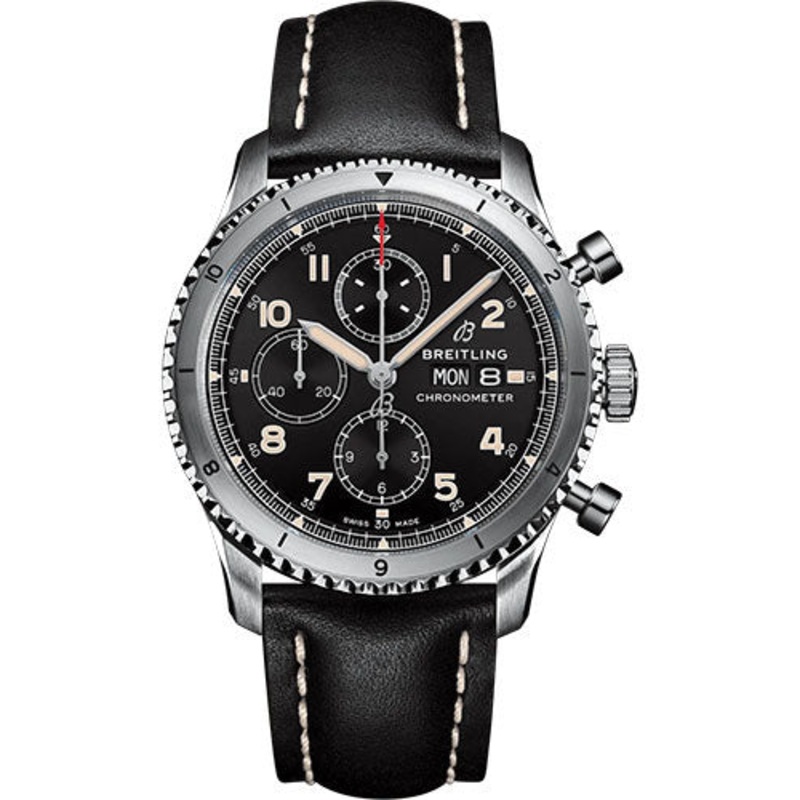 Breitling Aviator 8 Chronograph 43 Watch – Stainless Steel – Black Dial – Black Calfskin Leather Strap – Folding Buckle – A13316101B1X2