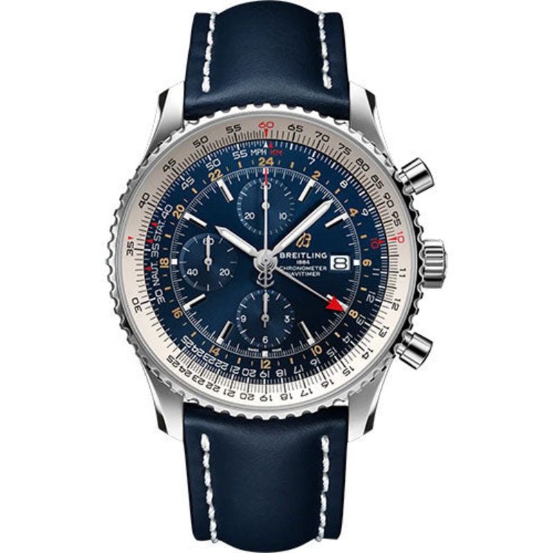 Breitling Navitimer Chronograph GMT 46 Watch – Stainless Steel – Blue Dial – Blue Calfskin Leather Strap – Folding Buckle – A24322121C2X2