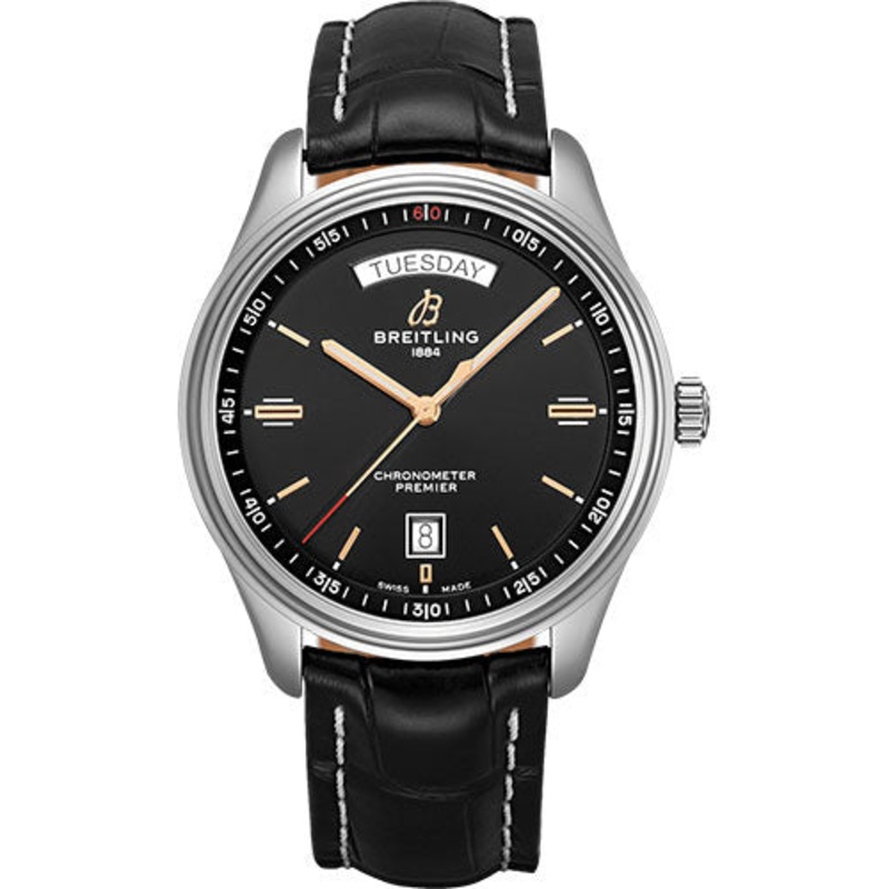 Breitling Premier Automatic Day & Date Watch – 40mm Steel Case – Black Dial – Black Croco Strap – A45340241B1P1