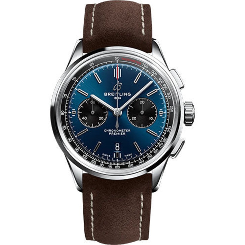Breitling Premier B01 Chronograph 42 Watch – Stainless Steel – Blue Dial – Brown Calfskin Leather Strap – Folding Buckle – AB0118221C1X1
