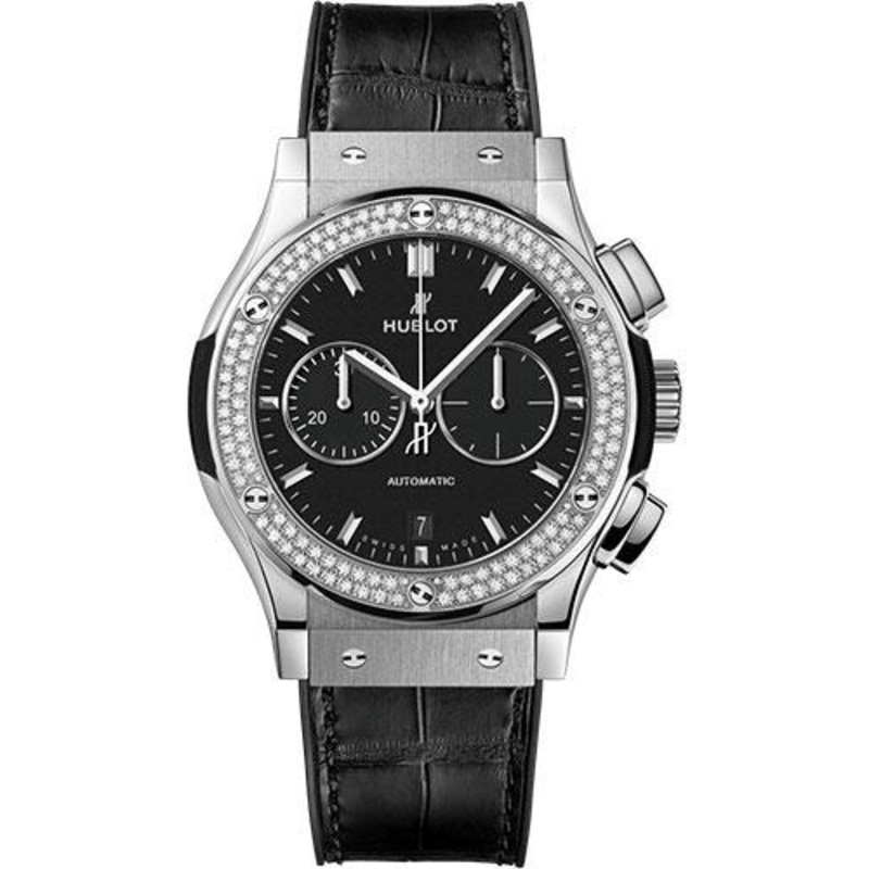 Hublot Classic Fusion Chronograph Titanium Diamonds Watch – 42 mm – Black Dial – Black Rubber and Leather Strap-541.NX.1171.LR.1104