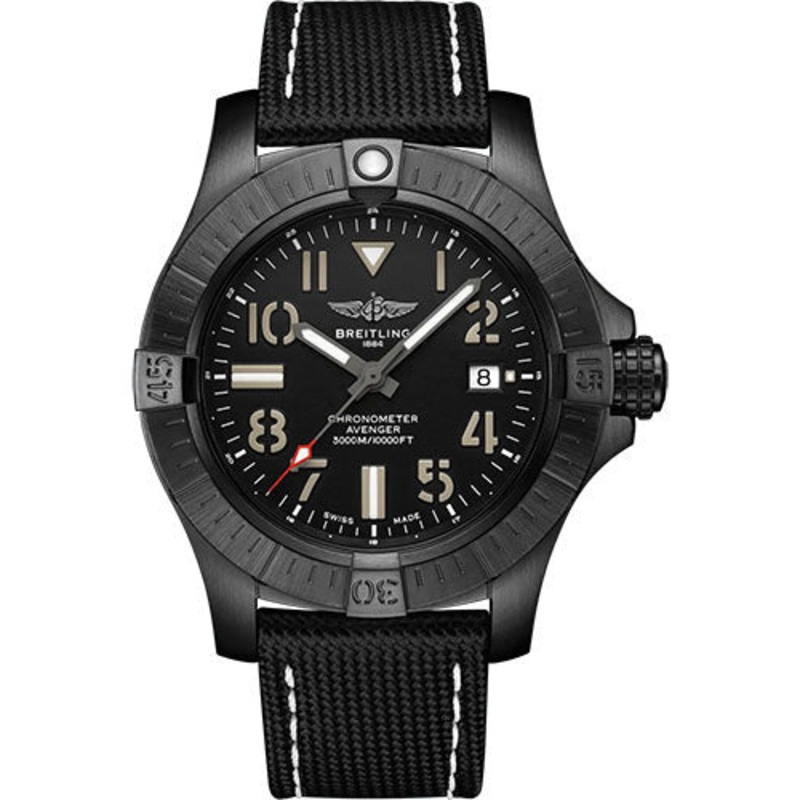 Breitling Avenger Automatic 45 Seawolf Night Mission Watch – DLC-Coated Titanium – Black Dial – Anthracite Calfskin Leather Strap – Folding Buckle – V17319101B1X2