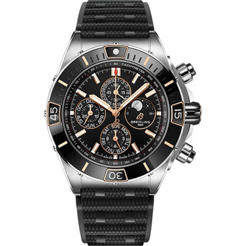 Breitling Super Chronomat 44 Four-Year Calendar Watch – Steel and 18K Red Gold – Black Dial – Black Rubber Strap – Folding Buckle – I19320251B1S1