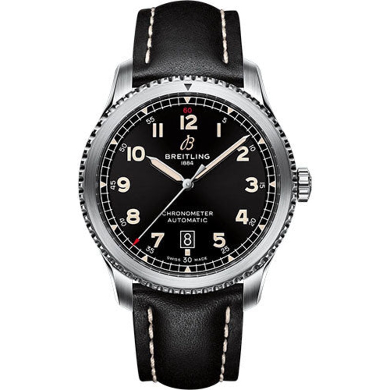 Breitling Aviator 8 Automatic 41 Watch – Stainless Steel – Black Dial – Black Calfskin Leather Strap – Folding Buckle – A17315101B1X2