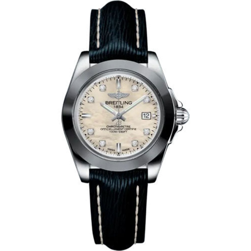Breitling Galactic 32 Sleek Watch – Steel and Tungsten – Mother-Of-Pearl Dial – Blue Calfskin Leather Strap – Tang Buckle – W71330121A1X1