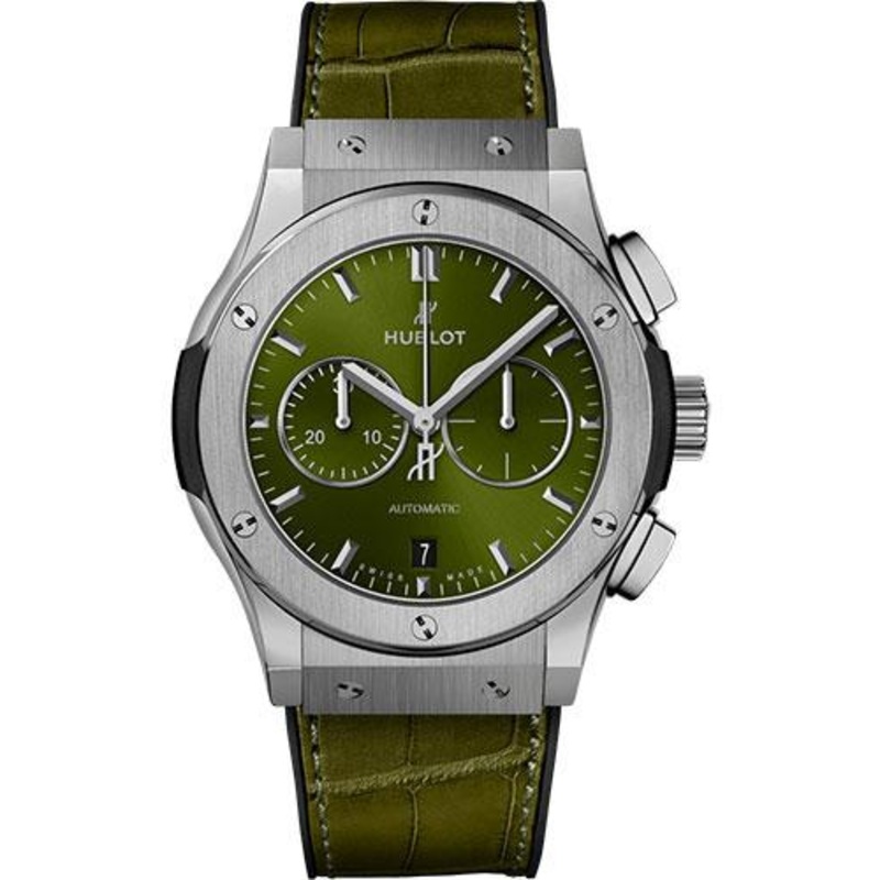 Hublot Classic Fusion Chronograph Titanium Green Watch – 42 mm – Green Dial – Black Rubber and Green Leather Strap-541.NX.8970.LR