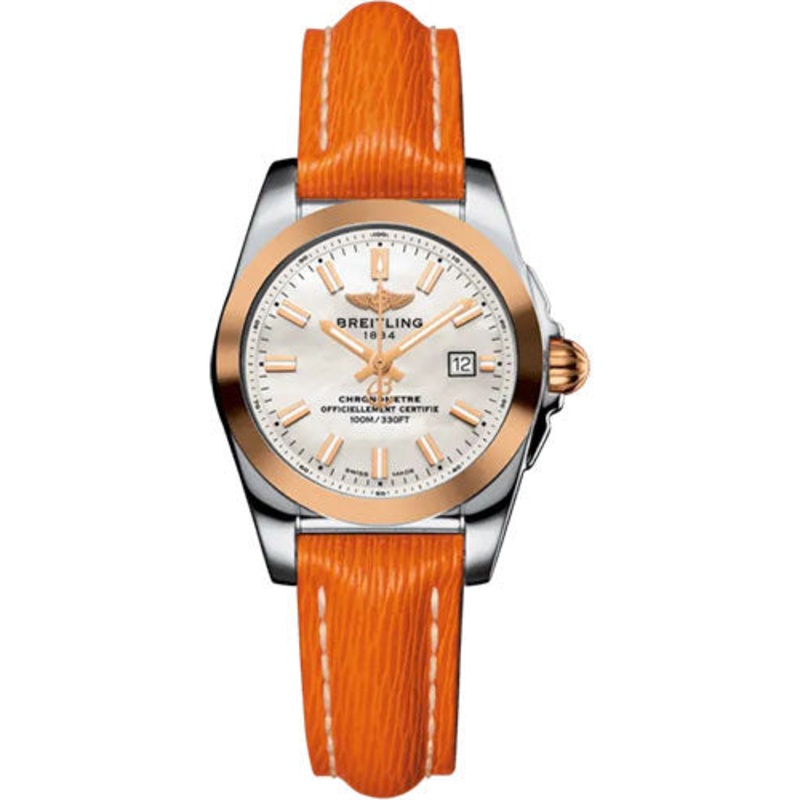 Breitling Galactic 29 Sleek Watch – Stainless Steel – Mother-Of-Pearl Dial – Orange Calfskin Leather Strap – Tang Buckle – C72348121A1X1