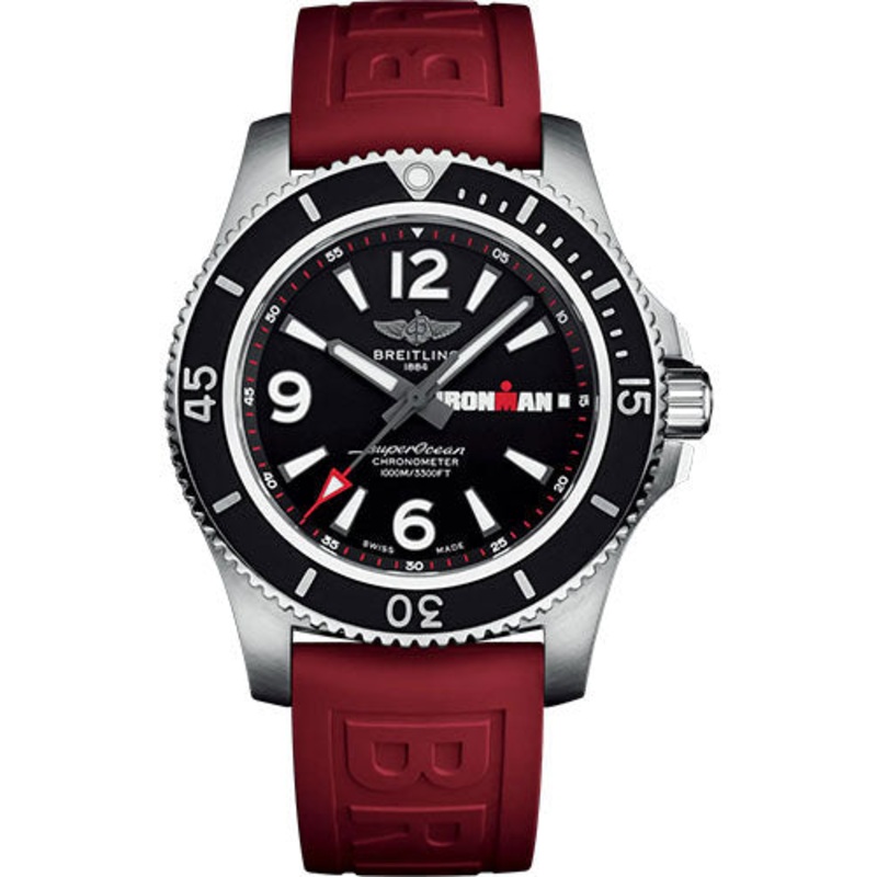 Breitling Superocean Automatic 44 Ironman Limited Edition Watch – Stainless Steel – Black Dial – Red Rubber Strap – Tang Buckle Limited Edition of 300 – A17371A11B1S1