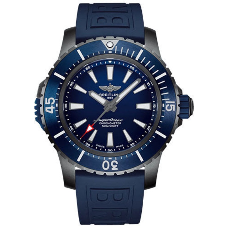 Breitling Superocean Automatic 48 Watch – DLC-Coated Titanium – Blue Dial – Blue Rubber Strap – Tang Buckle – V17369161C1S1