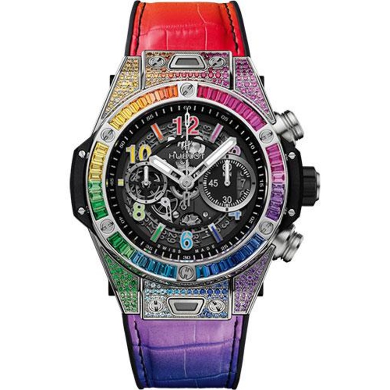 Hublot Big Bang Unico Titanium Rainbow Watch – 45 mm – Black Skeleton Dial – Black Rubber and Multicolored Leather Strap-411.NX.1117.LR.0999