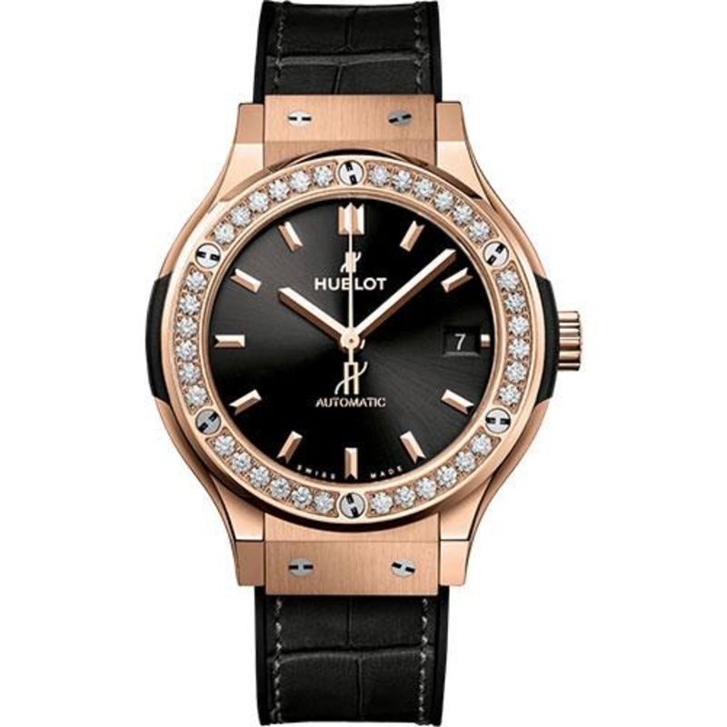 Hublot Classic Fusion King Gold Diamonds Watch – 38 mm – Black Dial – Black Rubber and Leather Strap-565.OX.1480.LR.1204