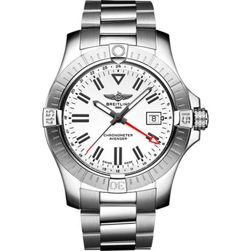 Breitling Avenger Automatic GMT 43 Watch – Stainless Steel – White Dial – Metal Bracelet – A32397101A1A1