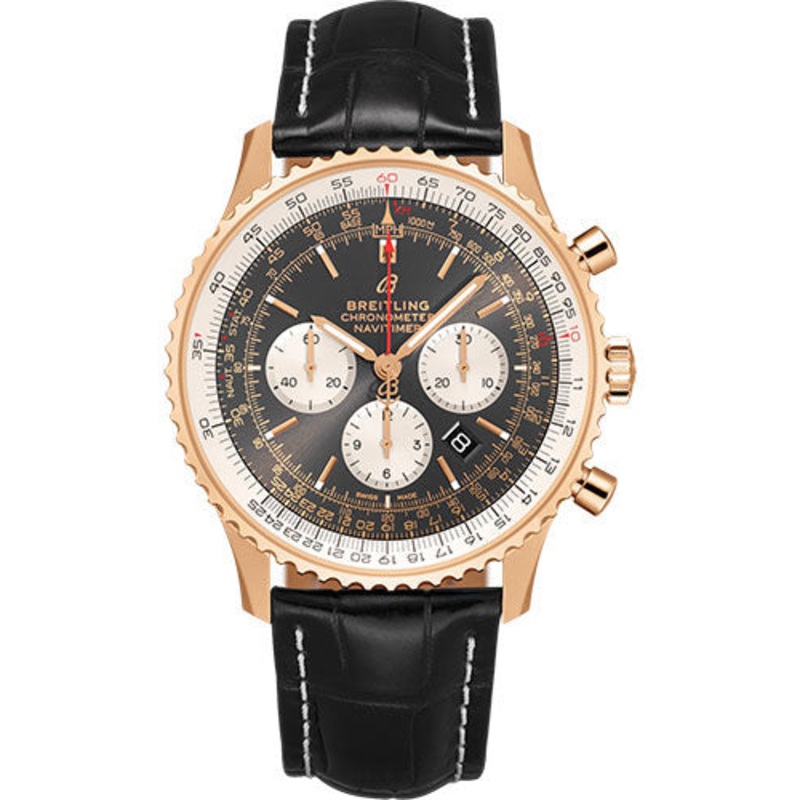 Breitling Navitimer B01 Chronograph 46 Watch – 18k Red Gold – Anthracite Dial – Black Croco Strap – Folding Buckle – RB0127121F1P2