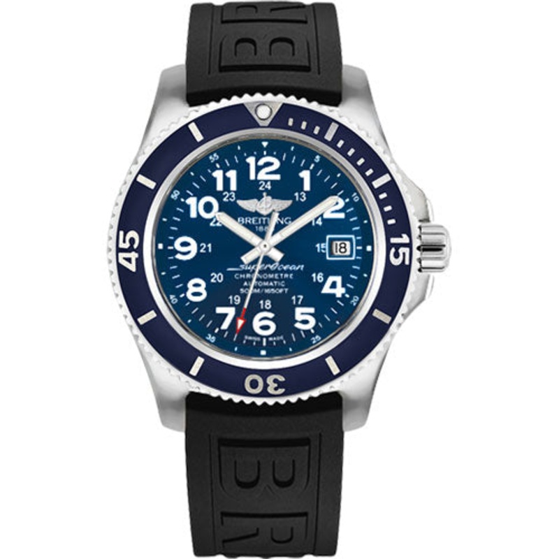 Breitling Superocean II 42 Watch – Steel Case – Mariner Blue Dial – Black Diver Pro III Strap – A17365D1/C915/150S/A18S.1