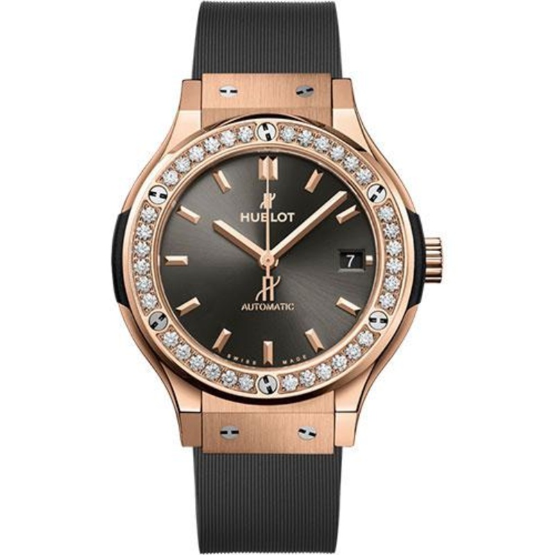 Hublot Classic Fusion Racing Grey King Gold Diamonds Watch – 38 mm – Gray Dial – Gray Lined Rubber Strap-565.OX.7081.RX.1204