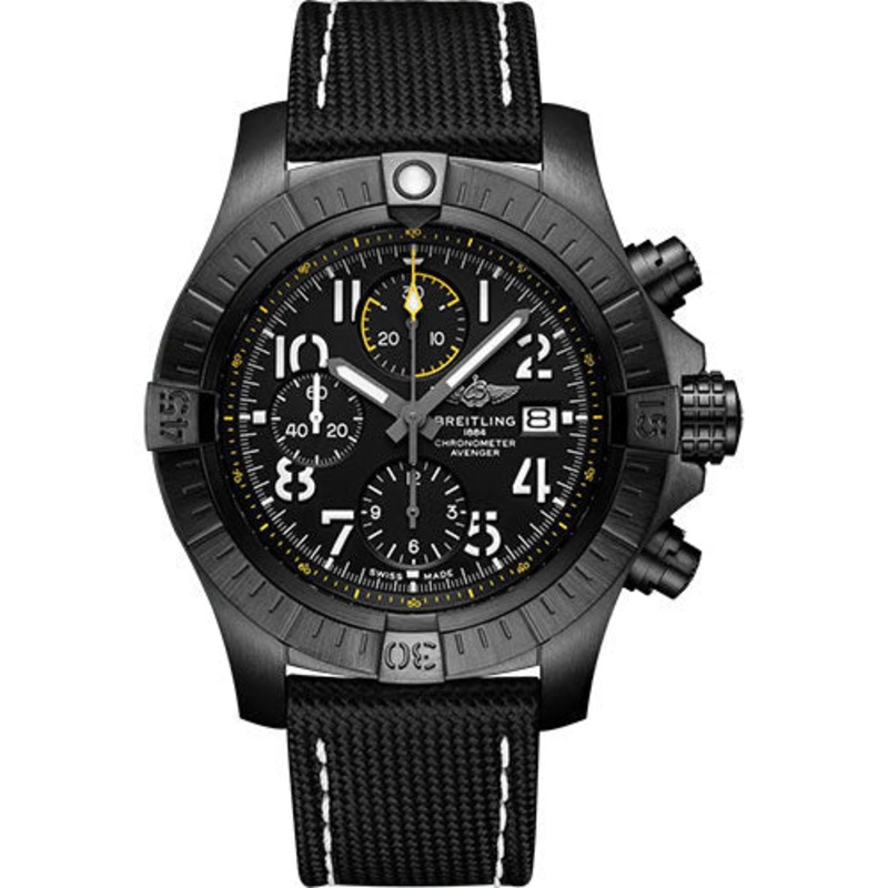 Breitling Avenger Chronograph 45 Night Mission Watch – DLC-Coated Titanium – Black Dial – Anthracite Calfskin Leather Strap – Tang Buckle – V13317101B1X1