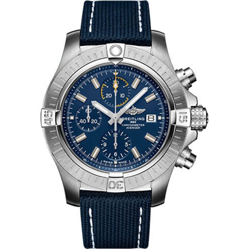 Breitling Avenger Chronograph 45 Watch – Stainless Steel – Blue Dial – Blue Calfskin Leather Strap – Folding Buckle – A13317101C1X2