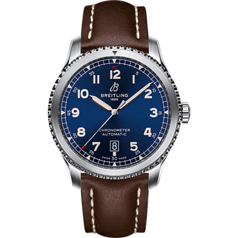 Breitling Aviator 8 Automatic 41 Watch – Stainless Steel – Blue Dial – Brown Calfskin Leather Strap – Folding Buckle – A17315101C1X3