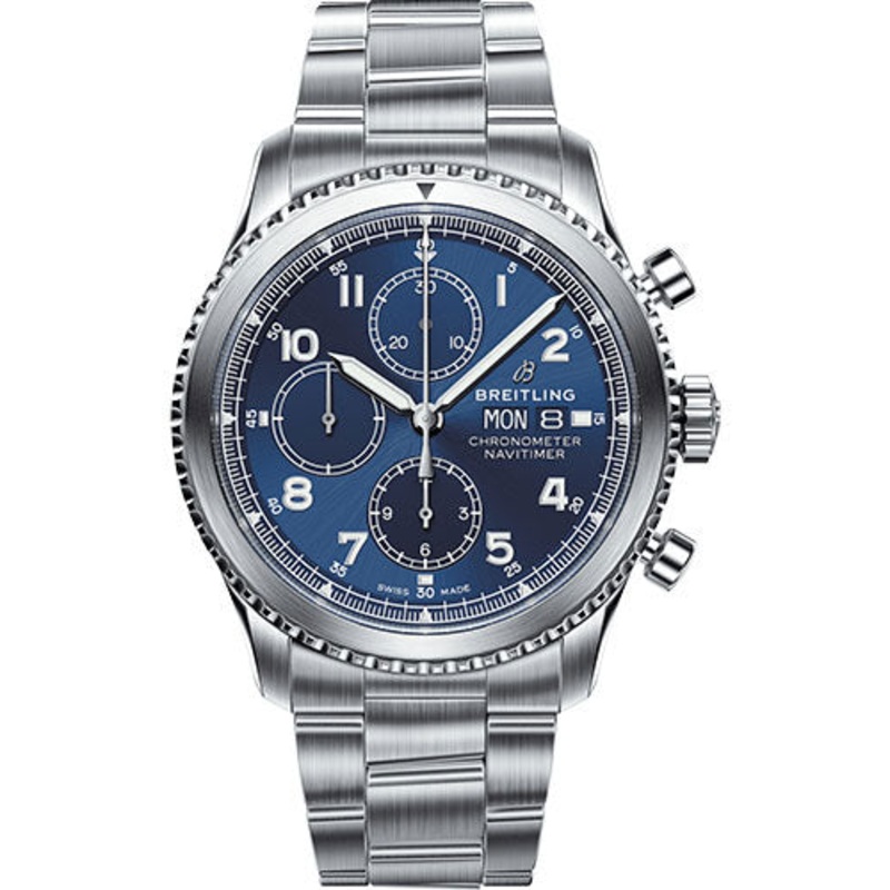 Breitling Aviator 8 Chronograph 43 Watch – Steel Case – Blue Dial – Steel Professional III Bracelet – A13314101C1A1
