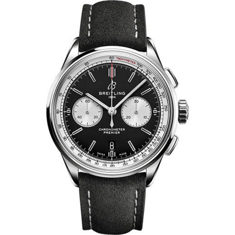 Breitling Premier B01 Chronograph 42 Watch – Stainless Steel – Black Dial – Anthracite Calfskin Leather Strap – Folding Buckle – AB0118371B1X1