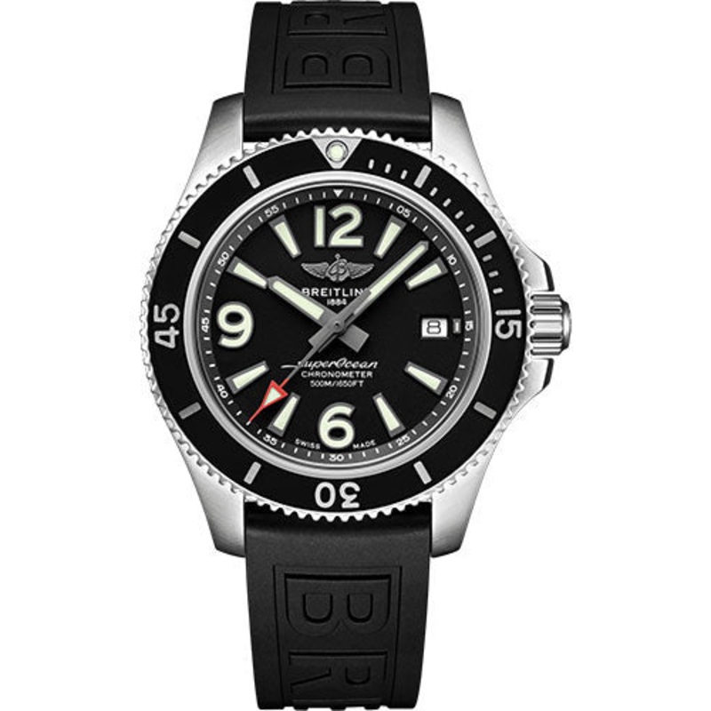 Breitling Superocean Automatic 42 Watch – Steel – Black Dial – Black Diver Pro III Strap – Tang Buckle – A17366021B1S1